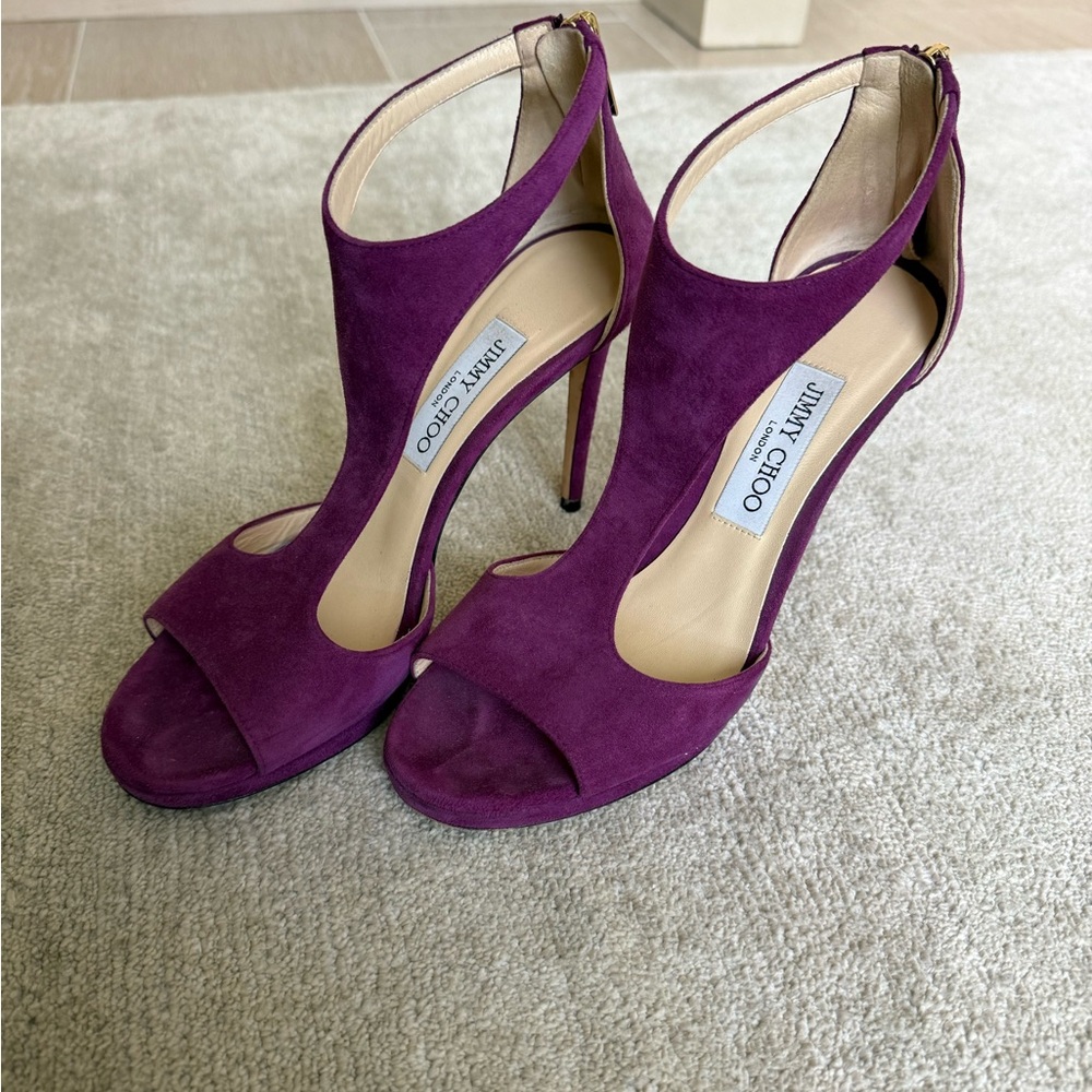 Jimmy Choo Plum Suede T‑Strap Stiletto Sandals